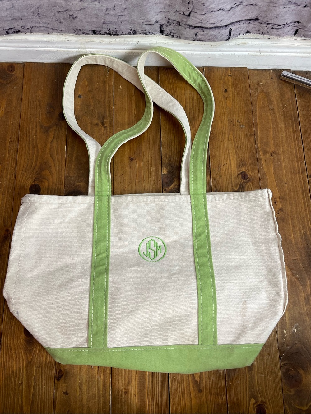LL Bean boat and tote small green and cream tote bag